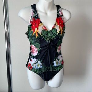 Black and Floral Nicole Miller Swimsuit Size 10